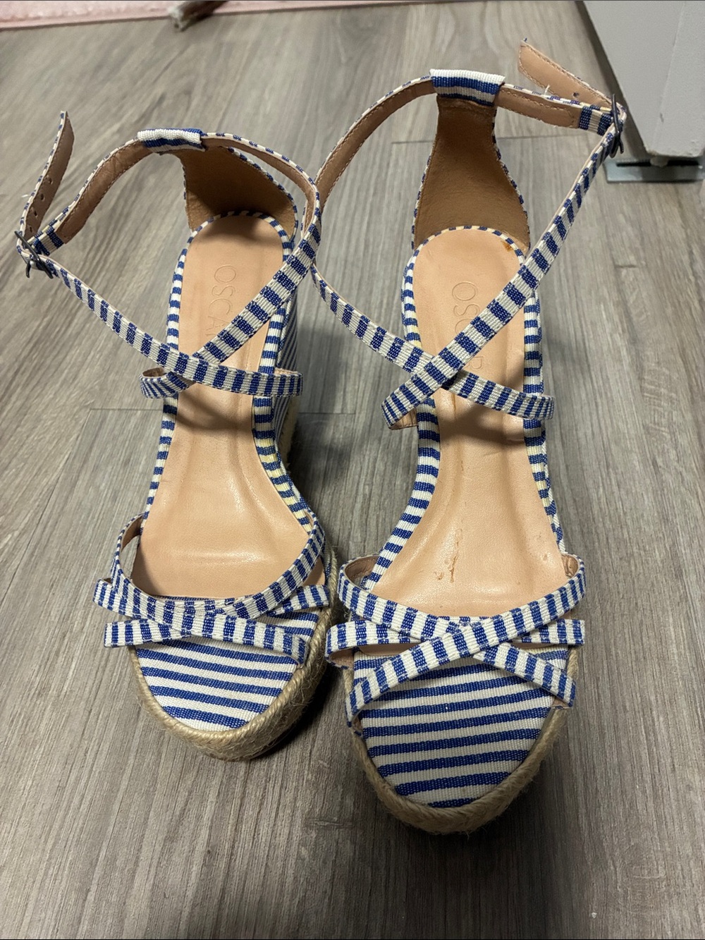 Striped Blue and White Espadrille Wedge Sandals - Women's